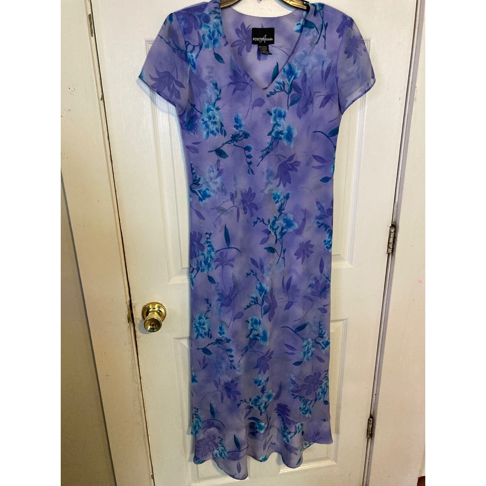 Positive Attitude VintagePurple Floral Chiffon Midi Dress V-Neck Short Sleeve 10